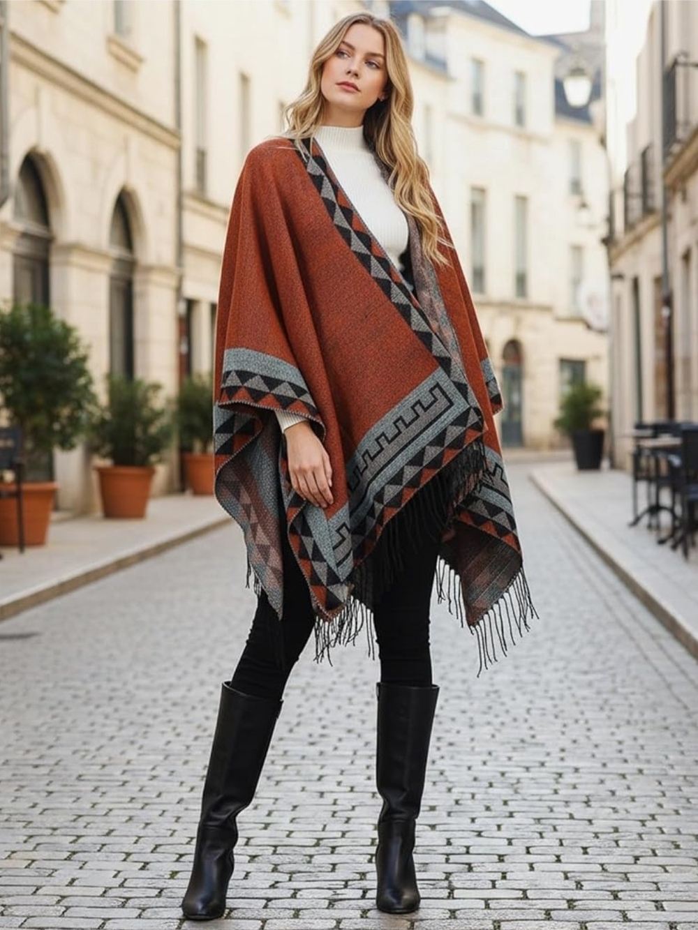 Rust Geo-Trim Open Front Shawl Poncho Cape Cardigan - Women Jackets & Coats